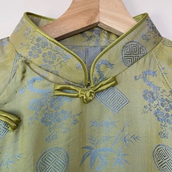 Vintage Green 2 Piece Kaftan Kimono Style Mandarin Collar Pants & Top Lounge Set - Picture 5 of 9